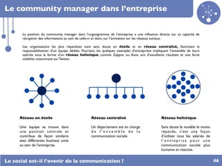 Le community manager dans l’entreprise


       La position du community manager dans l’organigramme de l’entreprise a une...