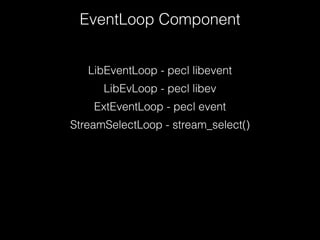 LibEventLoop - pecl libevent
LibEvLoop - pecl libev
ExtEventLoop - pecl event
StreamSelectLoop - stream_select()
EventLoop Component
 