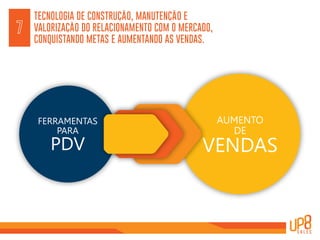 TECNOLOGIA DE CONSTRUÇÃO, MANUTENÇÃO E
VALORIZAÇÃO DO RELACIONAMENTO COM O MERCADO,
CONQUISTANDO METAS E AUMENTANDO AS VENDAS.
7
FERRAMENTAS
PARA
PDV
AUMENTO
DE
VENDAS
 