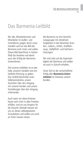 Wir alle, Mitarbeiterinnen und
Mitarbeiter im Außen- und
Innendienst, prägen durch unser
Handeln und Tun das Bild der
Barmenia nach innen und außen.
Dieses Bild beeinflusst in hohem
Maß das Ansehen und damit
auch den Erfolg der Barmenia-
Unternehmen.
Ziel unseres Leitbildes ist es des-
halb, unserem Handeln eine ein-
heitliche Richtung zu geben.
Das Leitbild beschreibt unser
Selbstverständnis, unsere
An­sichten über den Umgang
mit unseren Kunden und unsere
Vor­stellungen über den Um­gang
miteinander.
Auch wenn wir diese Kriterien
heute noch nicht in allen Punkten
erfüllen, sind sie uns An­sporn für
die Zukunft. Deshalb messen wir
uns an diesen selbstgesetzten
Grund­sätzen und wollen uns auch
an ihnen messen lassen.
Die Barmenia ist eine Versiche­-
rungs­gruppe mit attrak­­ti­­ven
An­­­geboten in den Be­rei­­chen Kran­
ken-, Lebens-, Unfall-, Kraft­­­fahr­
zeug-, Haft­pflicht- und Sach­versi­
che­run­gen.
Wir sind stolz auf die Eigen­stän­
dig­keit der Barmenia und wollen
sie auch in Zukunft er­halten.
Unser Ziel ist der wirtschaftliche
Erfolg aller Barmenia-Unter­-
neh­men im Interesse unserer
Kun­den.
Das Barmenia-Leitbild
Die Barmenia-Unternehmen
11
 