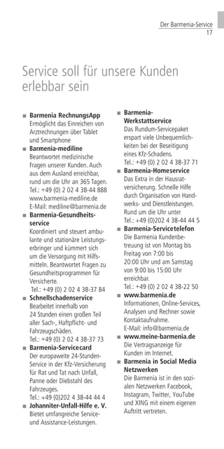 Der Barmenia-Service
17
Service soll für unsere Kunden
erlebbar sein
	 Barmenia RechnungsApp
	Ermöglicht das Einreichen von
	 Arztrechnungen über Tablet 		
	 und Smartphone
	 Barmenia-mediline
Be­antwortet medizinische
Fra­gen unserer Kunden. Auch
aus dem Ausland erreichbar,
rund um die Uhr an 365 Tagen.
Tel.: +49 (0) 2 02 4 38-44 888
www.barmenia-mediline.de
E-Mail: mediline@barmenia.de
	 Barmenia-Gesundheits­-		
	service
Koordiniert und steuert ambu-
lante und stationäre Leistungs­
erbringer und kümmert sich
um die Ver­sorgung mit Hilfs-
mitteln. Beantwortet Fragen zu
Gesundheitsprogrammen für
Versicherte.
Tel.: +49 (0) 2 02 4 38-37 84
	 Schnellschadenservice
Bearbeitet innerhalb von
24 Stunden einen großen Teil
aller Sach-, Haft­pflicht- und
Fahrzeug­schä­den.
Tel.: +49 (0) 2 02 4 38-37 73
	 Barmenia-Servicecard
Der europaweite 24-Stunden­
Service in der Kfz-Versich­e­­rung
für Rat und Tat nach Unfall,
Panne oder Diebstahl des
Fahrzeuges.
Tel.: +49 (0)202 4 38-44 44 4
	 Johanniter-Unfall-Hilfe e. V.
Bietet umfangreiche Service-
und Assistance-Leistungen.
	Barmenia-
	Werkstattservice
	 Das Rundum-Servicepaket 		
	 erspart viele Unbequem­lich­-		
	 keiten bei der Beseitigung
eines Kfz-Schadens.
Tel.: +49 (0) 2 02 4 38-37 71
	Barmenia-Homeservice
Das Extra in der Hausrat­­
versicherung. Schnelle Hilfe
durch Organisation von Hand­
werks- und Dienstleistungen.
Rund um die Uhr unter
Tel.: +49 (0)202 4 38-44 44 5
	 Barmenia-Servicetelefon
Die Barmenia Kundenbe-
­treu­­­­­ung ist von Mon­­­tag bis
Frei­tag von 7:00 bis
20:00 Uhr und am Samstag
von 9:00 bis 15:00 Uhr
er­reich­­bar.
Tel.: +49 (0) 2 02 4 38-22 50
	 www.barmenia.de
Informationen, Online-Ser­­­vices,
Analysen und Rechner sowie
Kontakt­auf­nahme.
E-Mail: info@barmenia.de
	 www.meine-barmenia.de
Die Vertragsanzeige für
Kunden im Internet.
	 Barmenia in Social Media
	Netzwerken
Die Barmenia ist in den sozi-
alen Netzwerken Facebook,
Instagram, Twitter, YouTube
und XING mit einem eigenen
Auftritt vertreten.
			
 
