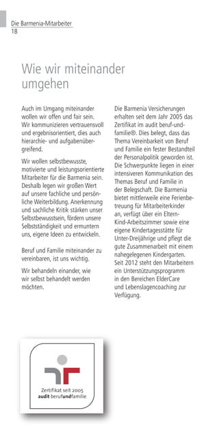 Die Barmenia-Mitarbeiter
18
Wie wir miteinander
umgehen
Auch im Umgang miteinander
wollen wir offen und fair sein.
Wir kommunizieren vertrauensvoll
und ergebnisorientiert, dies auch
hierarchie- und aufgaben­über­
grei­­fend.
Wir wollen selbstbewusste,
mo­tivierte und leistungsorientierte
Mit­­arbeiter für die Barmenia sein.
Deshalb legen wir großen Wert
auf unsere fachliche und persön-
liche Weiterbildung. An­­­erkennung
und sachliche Kritik stärken unser
Selbst­be­wusst­sein, fördern unsere
Selb­s­t­­­st­­än­dig­keit und ermuntern
uns, eigene Ideen zu entwickeln.
Beruf und Familie miteinander zu
vereinbaren, ist uns wichtig.
Wir behandeln einander, wie
wir selbst behandelt werden
möchten.
Die Barmenia Versicherungen
erhalten seit dem Jahr 2005 das
Zertifikat im audit beruf-und-
familie®. Dies belegt, dass das
Thema Vereinbarkeit von Beruf
und Familie ein fester Bestandteil
der Personal­politik geworden ist.
Die Schwerpunkte liegen in einer
intensiveren Kommunikation des
Themas Beruf und Familie in
der Belegschaft. Die Barmenia
bietet mittlerweile eine Ferienbe­
treuung für Mitarbeiterkinder
an, verfügt über ein Eltern-
Kind-Arbeitszimmer sowie eine
eigene Kindertagesstätte für
Unter-Dreijährige und pflegt die
gute Zusammenarbeit mit einem
nahegelegenen Kinder­garten.
Seit 2012 steht den Mitarbeitern
ein Unterstützungsprogramm
in den Bereichen ElderCare
und Lebenslagencoaching zur
Verfügung.
 