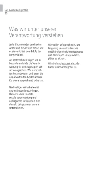 Das Barmenia-Ergebnis
20
Jeder Einzelne trägt durch seine
Arbeit und die Art und Weise, wie
er sie verrichtet, zum Erfolg der
Barmenia bei.
Als Unternehmen tragen wir in
besonderem Maße die Verant­-
­wor­tung für den zugesagten Ver­­
si­cherungsschutz. Wir wirtschaf-
ten kostenbewusst und legen die
uns anvertrauten Gel­der unserer
Kun­den ertragreich und sicher an.
Nachhaltiges Wirtschaften ist
uns ein besonderes Anliegen.
Ökonomisches Handeln,
soziale Verantwortung und
ökologisches Bewusstsein sind
deshalb Leitgedanken unserer
Unternehmen.
Was wir unter unserer
Verantwortung verstehen
Wir wollen erfolgreich sein, um
langfristig unsere Existenz als
un­abhängige Versiche­rungs­gruppe
und damit auch unsere Arbeits­
plätze zu sichern.
Wir sind uns bewusst, dass der
Kunde unser Arbeitgeber ist.
 