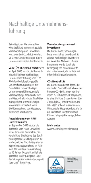 Nachhaltige Unternehmens-
führung
Beim täglichen Handeln sollen
wirtschaftliche Interessen, soziale
Verantwortung und Umweltbe-
wusstsein berücksichtigt werden.
So steht es im Leitbild und in den
Unternehmenszielen der Barmenia.
Vom TÜV Rheinland zertifiziert
Im April 2015 wurde die Barmenia
hinsichtlich ihrer nachhaltigen
Unternehmensführung vom TÜV
Rheinland erfolgreich geprüft.
Die Zertifizierung umfasst die
Grundsätze zur nachhaltigen
Unternehmensführung, soziale
Verantwortung,Arbeitssicherheit
und Gesundheitsschutz, Qualitäts-
management, Umwelt/Energie,
Informationssicherheit sowie
die Überwachung von Gesetzen,
Richtlinien und Kodizes.
Auszeichnung vom NRW-
Umweltminister
Im September 2015 wurde die
Barmenia vom NRW-Umweltmi-
nister Johannes Remmel für die
vorbildliche Einbindung des Zertifi-
zierungsprozesses Ökoprofit in ihr
umfangreiches Nachhaltigkeitsma-
nagement ausgezeichnet. Im Rah-
men der Jubiläumsveranstaltung
zu 15 Jahren Ökoprofit erhielt die
Barmenia in der Kategorie „Wie-
derholungstäter – Veränderung mit
Konstanz“ ihren Preis.
Verantwortungsbewusst
investieren
Die Barmenia Versicherungen
bekennen sich zu den Grundsät-
zen für nachhaltiges Investieren
der Vereinten Nationen. Dieses
Bekenntnis wurde durch die
Festlegung von Ausschlusskrite-
rien untermauert, die im Internet
öffentlich dargestellt werden.
CO2
-Neutralität
Die Barmenia arbeitet daran, die
durch den Geschäftsbetrieb entste-
henden CO2
-Emissionen kontinu-
ierlich zu reduzieren. Bislang konn-
te eine jährliche Ersparnis von über
3 Mio. kg CO2
erzielt werden. Im
Jahr 2016 sollen Emissionen des
Wuppertaler Hauptstandorts durch
die Investition in internationale
Klimaschutzprojekte ausgeglichen
werden.
Mehr unter
www.nachhaltige.versicherung
 
