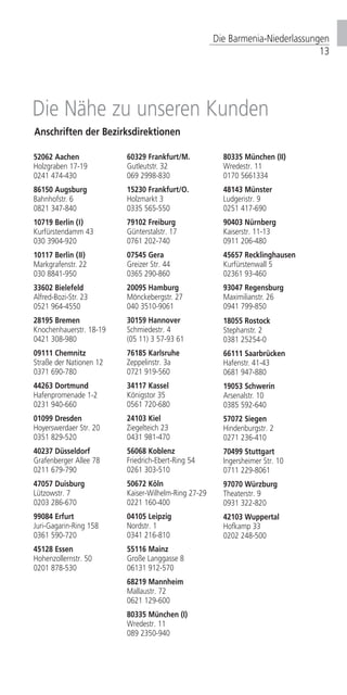 Die Barmenia-Niederlassungen
13
52062 Aachen
Holzgraben 17-19
0241 474-430
86150 Augsburg
Bahnhofstr. 6
0821 347-840
10719 Berlin (I)
Kurfürstendamm 43
030 3904-920
10117 Berlin (II)
Markgrafenstr. 22
030 8841-950
33602 Bielefeld
Alfred-Bozi-Str. 23
0521 964-4550
28195 Bremen
	
Knochenhauerstr. 18-19
0421 308-980
09111 Chemnitz
Straße der Nationen 12
0371 690-780
44263 Dortmund
Hafenpromenade 1-2
0231 940-660
01099 Dresden
Hoyerswerdaer Str. 20
0351 829-520
40237 Düsseldorf
Grafenberger Allee 78
0211 679-790
47057 Duisburg
Lützowstr. 7 	
0203 286-670
99084 Erfurt
Juri-Gagarin-Ring 158
0361 590-720
45128 Essen
Hohenzollernstr. 50
0201 878-530
60329 Frankfurt/M.
Gutleutstr. 32
069 2998-830
15230 Frankfurt/O.
Holzmarkt 3 	
0335 565-550
79102 Freiburg
Günterstalstr. 17
0761 202-740
07545 Gera
Greizer Str. 44
0365 290-860
20095 Hamburg
Mönckebergstr. 27
040 3510-9061
30159 Hannover
Schmiedestr. 4
(05 11) 3 57-93 61
76185 Karlsruhe
Zeppelinstr. 3a	
0721 919-560
34117 Kassel
Königstor 35	
0561 720-680
24103 Kiel
Ziegelteich 23
0431 981-470
56068 Koblenz
Friedrich-Ebert-Ring 54
0261 303-510
50672 Köln
Kaiser-Wilhelm-Ring 27-29
0221 160-400
04105 Leipzig
Nordstr. 1 	
0341 216-810
55116 Mainz
Große Langgasse 8
06131 912-570
68219 Mannheim
Mallaustr. 72	
0621 129-600
80335 München (I)
Wredestr. 11	
089 2350-940
80335 München (II)
Wredestr. 11	
0170 5661334
48143 Münster
Ludgeristr. 9 	
0251 417-690
90403 Nürnberg		
Kaiserstr. 11-13 	
0911 206-480
45657 Recklinghausen 		
Kurfürstenwall 5 	
02361 93-460
93047 Regensburg		
Maximilianstr. 26
0941 799-850
Die Nähe zu unseren Kunden
Anschriften der Bezirksdirektionen
18055 Rostock
Stephanstr. 2
0381 25254-0
66111 Saarbrücken 	
Hafenstr. 41-43 	
0681 947-880
19053 Schwerin	
Arsenalstr. 10 	
0385 592-640
57072 Siegen 	
Hindenburgstr. 2 		
0271 236-410
70499 Stuttgart
Ingersheimer Str. 10	
0711 229-8061
97070 Würzburg
Theaterstr. 9 	
0931 322-820
42103 Wuppertal
Hofkamp 33 	
0202 248-500
 
