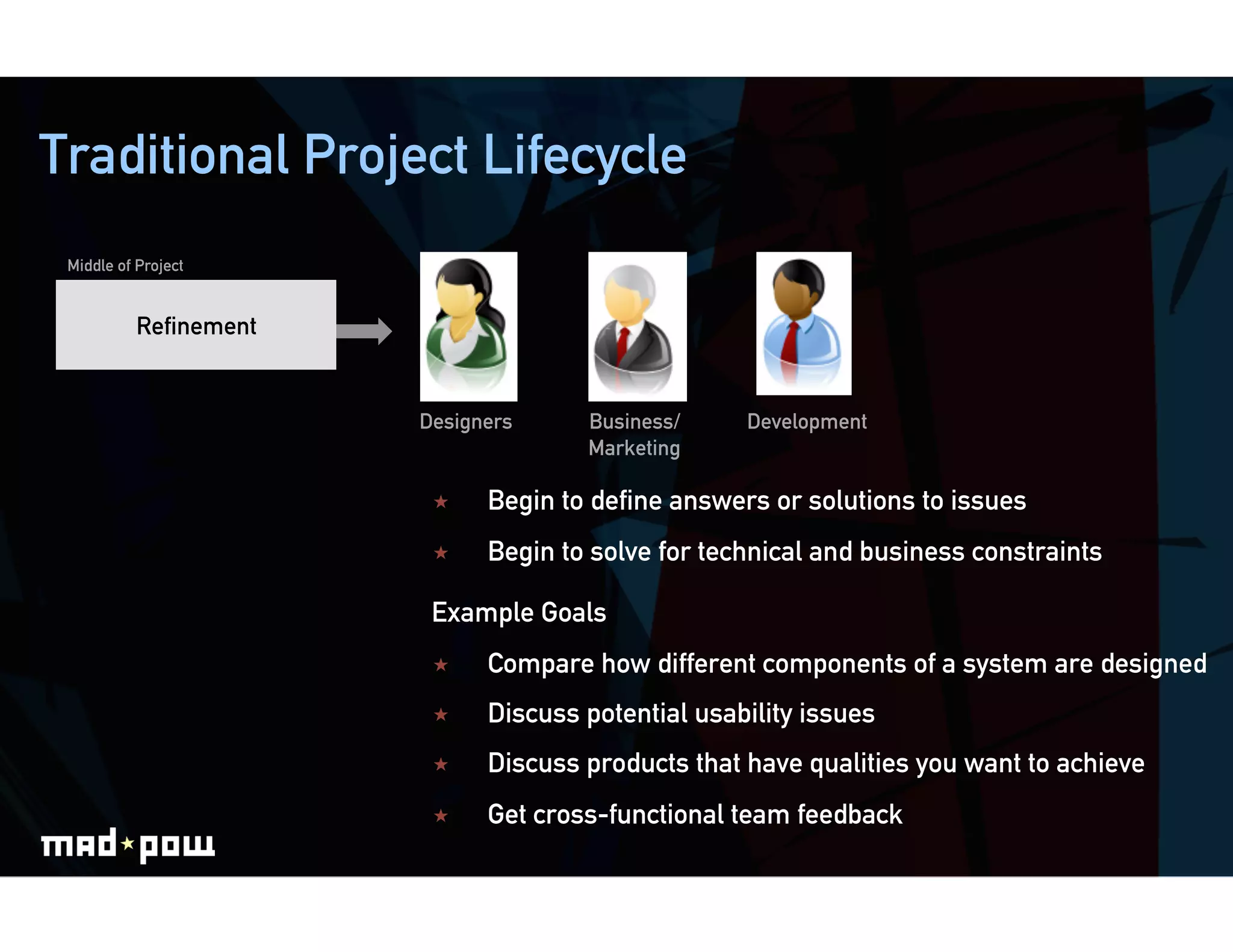 Traditional Project Lifecycle
 Middle of Project


           Reﬁnement


                       Designers     Business/     Development
                                     Marketing

                            Begin to deﬁne answers or solutions to issues
                            Begin to solve for technical and business constraints

                        Example Goals
                            Compare how different components of a system are designed
                            Discuss potential usability issues
                            Discuss products that have qualities you want to achieve
                            Get cross-functional team feedback
 