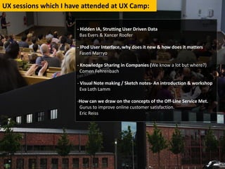 UXsessionswhichIhaveattendedatUXCamp:

                       ‐ HiddenIA,StruttingUserDrivenData
                         BasEvers&Xancer Roofer

                       ‐ IPodUserInterface,whydoesitnew&howdoesitmatters
                         Fasen Marryo

                       ‐ KnowledgeSharinginCompanies(Weknowalotbutwhere?)
                         Comen Fehrenbach

                       ‐ VisualNotemaking/Sketchnotes‐ Anintroduction&workshop
                         EvaLoth Lamm

                       ‐HowcanwedrawontheconceptsoftheOff‐LineServiceMet.
                        Gurustoimproveonlinecustomersatisfaction.
                        EricReiss
 
