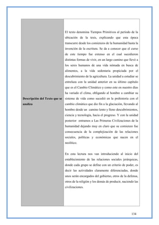El texto denomina Tiempos Primitivos al período de la
                              ubicación de la tesis, explicando que esta época
                              transcurre desde los comienzos de la humanidad hasta la
                              invención de la escritura. Se da a conocer que el curso
                              de este tiempo fue extenso en el cual sucedieron
                              distintas formas de vivir, en un largo camino que llevó a
                              los seres humanos de una vida nómada en busca de
                              alimentos, a la vida sedentaria propiciada por el
                              descubrimiento de la agricultura. La unidad a estudiar se
                              entrelaza con la unidad anterior en su último capítulo
                              que es el Cambio Climático y como este en nuestro días
                              ha variado el clima, obligando al hombre a cambiar su
Descripción del Texto que se sistema de vida como sucedió en la prehistoria con el
analiza                       cambio climático que dio fin a la glaciación, llevando al
                              hombre desde un camino lento y lleno descubrimientos,
                              ciencia y tecnología, hacia el progreso. Y con la unidad
                              posterior entramos a Las Primeras Civilizaciones de la
                              humanidad dejando muy en claro que su comienzo fue
                              consecuencia de la complejización de las relaciones
                              sociales, políticas y económicas que nacen en el
                              neolítico.


                              En esta lectura nos van introduciendo al inicio del
                              establecimiento de las relaciones sociales jerárquicas,
                              donde cada grupo se define con un criterio de poder, es
                              decir las actividades claramente diferenciadas, donde
                              unos serán encargados del gobierno, otros de la defensa,
                              otros de la religión y los demás de producir, naciendo las
                              civilizaciones.




                                                                                  134
 