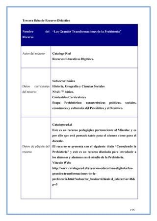 Tercera ficha de Recurso Didáctico


Nombre              del “Las Grandes Transformaciones de la Prehistoria”
Recurso




Autor del recurso       Catalogo Red
                        Recursos Educativos Digitales.




                        Subsector básica
Datos     curriculares Historia, Geografía y Ciencias Sociales
del recurso             Nivel: 7º básico.
                        Contenidos Curriculares
                        Etapa      Prehistórica:   características   políticas,   sociales,
                        económicas y culturales del Paleolítico y el Neolítico.




                        Catalogored.cl
                        Este es un recurso pedagógico perteneciente al Mineduc y es
                        por ello que está pensado tanto para el alumno como para el
                        docente.
Datos de edición del El recurso se presenta con el siguiente titulo “Conociendo la
recurso                 Prehistoria” y este es un recurso diseñado para introducir a
                        los alumnos y alumnas en el estudio de la Prehistoria.
                        Vinculo Web:
                        http://www.catalogored.cl/recursos-educativos-digitales/las-
                        grandes-transformaciones-de-la-
                        prehistoria.html?subsector_basica=62&nivel_educativo=48&
                        p=3




                                                                                     155
 