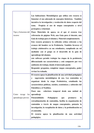 Las Indicaciones Metodológicas que utiliza este recurso es
                       fomentar el uso adecuado de conceptos históricos. También
                       incentiva la investigación y recolección de datos respecto del
                       tema.    Propicia el uso de mapas conceptuales a nivel
                       jerárquico y relacional.
Tipo y Estructura del Posee Materiales de apoyo, en el que el recurso trae
recurso                referencias de páginas Web, una Guía para el docente, una
                       Guía de trabajo para el alumno y Material complementario.
                       Este recurso promueve la reflexión crítica referente a los
                       avances del hombre en la Prehistoria. También favorece el
                       trabajo colaborativo en sus estudiantes, cumpliendo un rol
                       mediador con el grupo en el desarrollo de la guía de
                       aprendizaje del alumno.
                       este software permite trabajar las etapas de la prehistoria
                       diferenciando sus características y está compuesto por tres
                       ambientes de trabajo, donde el interesado puede:
                       Responder preguntas, completar mapas conceptuales, poder
                       revisar lo evaluado.
                       El recurso apoya la planificación de una actividad pedagógica
                       y    sugerencias metodológicas de uso. Los contenidos se
                       organizan desde la etapa Prehistórica, estudiando las
                       características políticas, sociales, económicas y culturales del
                       Paleolítico y el Neolítico.
                       Posee una       cobertura temporal desde una unidad de
Como      recoge   los aprendizaje
aprendizajes previos   Potencialidades        Pedagógicas    que      promueve       la
                       retroalimentación de contenidos, facilita la organización de
                       contenidos a través de mapas conceptuales, potencia la
                       investigación, la recopilación de datos y la profundización en
                       el contenido.
                       El   recurso apoya la planificación de          una actividad
                       pedagógica.



                                                                                  156
 