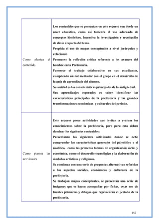 Los contenidos que se presentan en este recurso son desde un
                       nivel educativo, como así fomenta el uso adecuado de
                       conceptos históricos. Incentiva la investigación y recolección
                       de datos respecto del tema.
                       Propicia el uso de mapas conceptuales a nivel jerárquico y
                       relacional.
Como     plantea   el Promueve la reflexión crítica referente a los avances del
contenido              hombre en la Prehistoria.
                       Favorece      el   trabajo   colaborativo    en     sus   estudiantes,
                       cumpliendo un rol mediador con el grupo en el desarrollo de
                       la guía de aprendizaje del alumno.
                       Su unidad es las características principales de la antigüedad.
                       Sus   aprendizajes      esperados    es     saber    identificar    las
                       características principales de la prehistoria y las grandes
                       transformaciones económicas y culturales del periodo.




                       Este recurso posee actividades que invitan a evaluar los
                       conocimientos sobre la prehistoria, pero para esto deben
                       dominar los siguientes contenidos:
                       Presentando las siguientes actividades donde se debe
                       comprender las características generales del paleolítico y el
                       neolítico, como las primeras formas de organización social y
Como    plantea    las económica, como el desarrollo tecnológico y la elaboración de
actividades            símbolos artísticos y religiosos.
                       Se comienza con una serie de preguntas alternativas referidas
                       a los aspectos sociales, económicos y culturales de la
                       prehistoria.
                       Se trabajan mapas conceptuales, se presentan una serie de
                       imágenes que se hacen acompañar por fichas, estas son de
                       fuentes primarias y dibujos que representan el periodo de la
                       prehistoria.



                                                                                          157
 