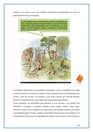 salvajes o los ciervos, cuya caza resultaba complicada en comparación con la de los
grandes herbívoros ya extinguidos.


         En esta imagen vemos asentamientos donde la prioridad es la
         caza, trabajo de grupo, no de gran número y que se abastecían
         bastante bien para resguardarse de la intemperie, de otros
         grupos, de los animales salvajes, protegerse y alimentarse
         para su sobrevivencia.




Los hombres del Mesolítico eran nómadas estacionales, es decir se mudaban de un lugar
a otro de acuerdo a la estación; de hecho, se han encontrado restos de asentamientos de
verano y otros de invierno. No obstante, en las zonas costeras que ofrecían alimento
durante la totalidad del año, se han detectado asentamientos permanentes.
Como señalamos, las dificultades para practicar la caza llevaron a los hombres del
Mesolítico a perseguir a pequeños animales como conejos, liebres, zorros, gatos
monteses, lo que les hizo reemplazar las lanzas para cazar grandes animales, por flechas
con trabajadas puntas. Pronto, también, desarrollaron técnicas para cazar basadas en el
encerramiento de las presas en empalizadas de madera; de esta forma se convirtieron en



                                                                                    194
 