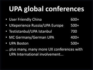 UPA global conferencesUser Friendly China							600+	UXeperience Russia/UPA Europe		500+Testistanbul/UPA Istanbul					700MC Germany/German UPA				400+UPA Boston										500+… plus many, many more UX conferences with UPA International involvement...