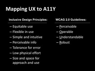 Mapping UX to A11Y
 Inclusive Design Principles:   WCAG 2.0 Guidelines:

 – Equitable use                – Perceivable
 – Flexible in use              – Operable
 – Simple and intuitive         – Understandable
 – Perceivable info             – Robust
 – Tolerance for error
 – Low physical effort
 – Size and space for
   approach and use
 