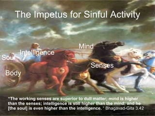 The Impetus for Sinful Activity Senses Mind Intelligence Body Soul “ The working senses are superior to dull matter; mind is higher than the senses; intelligence is still higher than the mind; and he [the soul] is even higher than the intelligence.  “ Bhagavad-Gita 3.42 
