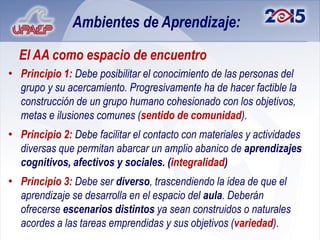 Ambientes de Aprendizaje:

  El AA como espacio de encuentro
• Principio 1: Debe posibilitar el conocimiento de las personas del
  grupo y su acercamiento. Progresivamente ha de hacer factible la
  construcción de un grupo humano cohesionado con los objetivos,
  metas e ilusiones comunes (sentido de comunidad).
• Principio 2: Debe facilitar el contacto con materiales y actividades
  diversas que permitan abarcar un amplio abanico de aprendizajes
  cognitivos, afectivos y sociales. (integralidad)
• Principio 3: Debe ser diverso, trascendiendo la idea de que el
  aprendizaje se desarrolla en el espacio del aula. Deberán
  ofrecerse escenarios distintos ya sean construidos o naturales
  acordes a las tareas emprendidas y sus objetivos (variedad).
 
