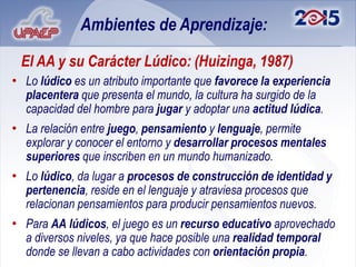 Ambientes de Aprendizaje:

 El AA y su Carácter Lúdico: (Huizinga, 1987)
• Lo lúdico es un atributo importante que favorece la experiencia
  placentera que presenta el mundo, la cultura ha surgido de la
  capacidad del hombre para jugar y adoptar una actitud lúdica.
• La relación entre juego, pensamiento y lenguaje, permite
  explorar y conocer el entorno y desarrollar procesos mentales
  superiores que inscriben en un mundo humanizado.
• Lo lúdico, da lugar a procesos de construcción de identidad y
  pertenencia, reside en el lenguaje y atraviesa procesos que
  relacionan pensamientos para producir pensamientos nuevos.
• Para AA lúdicos, el juego es un recurso educativo aprovechado
  a diversos niveles, ya que hace posible una realidad temporal
  donde se llevan a cabo actividades con orientación propia.
 