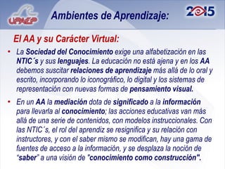 Ambientes de Aprendizaje:

 El AA y su Carácter Virtual:
• La Sociedad del Conocimiento exige una alfabetización en las
  NTIC´s y sus lenguajes. La educación no está ajena y en los AA
  debemos suscitar relaciones de aprendizaje más allá de lo oral y
  escrito, incorporando lo iconográfico, lo digital y los sistemas de
  representación con nuevas formas de pensamiento visual.
• En un AA la mediación dota de significado a la información
  para llevarla al conocimiento; las acciones educativas van más
  allá de una serie de contenidos, con modelos instruccionales. Con
  las NTIC´s, el rol del aprendiz se resignifica y su relación con
  instructores, y con el saber mismo se modifican, hay una gama de
  fuentes de acceso a la información, y se desplaza la noción de
  “saber” a una visión de "conocimiento como construcción".
 