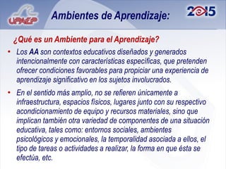 Ambientes de Aprendizaje:

 ¿Qué es un Ambiente para el Aprendizaje?
• Los AA son contextos educativos diseñados y generados
  intencionalmente con características específicas, que pretenden
  ofrecer condiciones favorables para propiciar una experiencia de
  aprendizaje significativo en los sujetos involucrados.
• En el sentido más amplio, no se refieren únicamente a
  infraestructura, espacios físicos, lugares junto con su respectivo
  acondicionamiento de equipo y recursos materiales, sino que
  implican también otra variedad de componentes de una situación
  educativa, tales como: entornos sociales, ambientes
  psicológicos y emocionales, la temporalidad asociada a ellos, el
  tipo de tareas o actividades a realizar, la forma en que ésta se
  efectúa, etc.
 