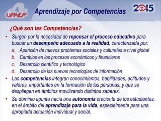 Aprendizaje por Competencias

 ¿Qué son las Competencias?
• Surgen por la necesidad de repensar el proceso educativo para
  buscar un desempeño adecuado a la realidad, caracterizada por:
  a. Aparición de nuevos problemas sociales y culturales a nivel global
  b. Cambios en los procesos económicos y financieros
  c. Desarrollo científico y tecnológico
  d. Desarrollo de las nuevas tecnologías de información
• Las competencias integran conocimientos, habilidades, actitudes y
  valores, importantes en la formación de las personas, y que se
  despliegan en ámbitos movilizando distintos saberes.
• Su dominio apunta hacia una autonomía creciente de los estudiantes,
  en el ámbito del aprendizaje para la vida, especialmente para una
  apropiada actuación individual y social.
 