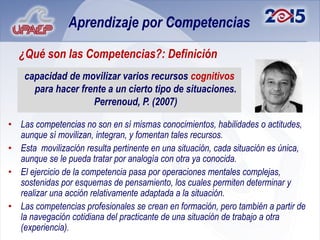 Aprendizaje por Competencias

  ¿Qué son las Competencias?: Definición
    capacidad de movilizar varios recursos cognitivos
      para hacer frente a un cierto tipo de situaciones.
                    Perrenoud, P. (2007)

• Las competencias no son en sí mismas conocimientos, habilidades o actitudes,
  aunque sí movilizan, integran, y fomentan tales recursos.
• Esta movilización resulta pertinente en una situación, cada situación es única,
  aunque se le pueda tratar por analogía con otra ya conocida.
• El ejercicio de la competencia pasa por operaciones mentales complejas,
  sostenidas por esquemas de pensamiento, los cuales permiten determinar y
  realizar una acción relativamente adaptada a la situación.
• Las competencias profesionales se crean en formación, pero también a partir de
  la navegación cotidiana del practicante de una situación de trabajo a otra
  (experiencia).
 