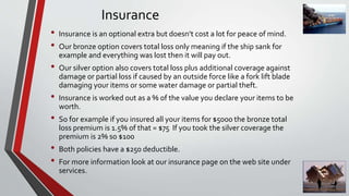 Insurance
• Insurance is an optional extra but doesn’t cost a lot for peace of mind.
• Our bronze option covers total loss...