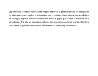 Las diferentes teorías tienen bastante relación al buscar el conocimiento en los estudiantes
por diversas formas, medios o actividades. Las principales diferencias se dan en el plano
de privilegiar algunos procesos o elementos como el papel que cumple la memoria en el
aprendizaje. Par ello es importante retomar las concepciones de las teorías: Cognitiva,
conductista, cognitiva Constructivista y otras como la Ecléptica y Sistemática.
 