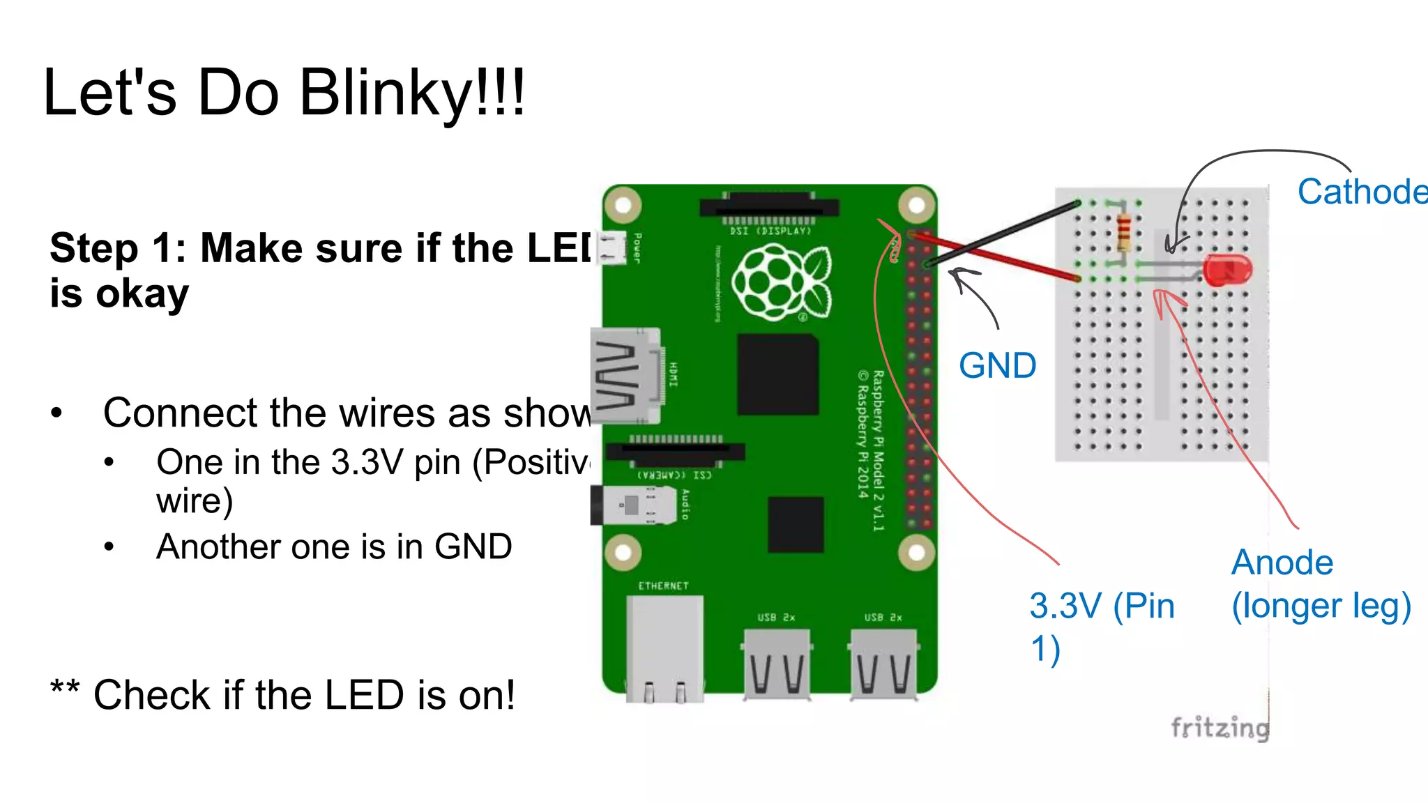 Let's Do Blinky!!! Step 1: Make sure if the LED is okay • Connect the wires as shown • One in the 3.3V pin (Positive wire) • Another one is in GND ** Check if the LED is on! 3.3V (Pin 1) GND Cathode Anode (longer leg) 