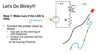 Let's Do Blinky!!!
Step 1: Make sure if the LED is
okay
• Connect the jumper wires as
shown
• One wire on the short leg of
LED (Negative)
• Another one attached with the
resistor is
on the long leg (Positive)
LED
 