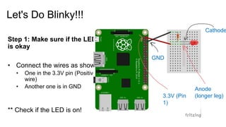 Let's Do Blinky!!!
Step 1: Make sure if the LED
is okay
• Connect the wires as shown
• One in the 3.3V pin (Positive
wire)
• Another one is in GND
** Check if the LED is on!
3.3V (Pin
1)
GND
Cathode
Anode
(longer leg)
 