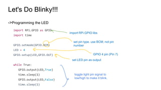 Let's Do Blinky!!!
->Programming the LED
import RPi.GPIO as GPIO
import time
GPIO.setmode(GPIO.BCM)
LED = 4
GPIO.setup(LED,GPIO.OUT)
while True:
GPIO.output(LED,True)
time.sleep(1)
GPIO.output(LED,False)
time.sleep(1)
import RPi.GPIO libs
set LED pin as output
toggle light pin signal to
low/high to make it blink.
set pin type. use BCM, not pin
number
GPIO 4 pin (Pin 7)
 