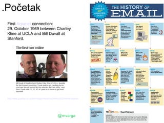 .Početak
 First Arpanet connection:
 29. October 1969 between Charley
 Kline at UCLA and Bill Duvall at
 Stanford.




 http://www.guardian.co.uk/technology/interactive/2009/oct/23/internet-arpanet




                                                       @mvarga
 