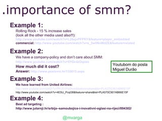 .importance of smm?
 Example 1:
  Rolling Rock - 15 % increase sales
  (look all the other media used also!!!):
  http://www.youtube.com/watch?v=L26ojvPFPKY&feature=player_embedded
  commercial: http://www.youtube.com/watch?v=s_5w0NvWdZE&feature=related

 Example 2:
  We have a company-policy and don’t care about SMM:
  http://www.youtube.com/watch?v=5YGc4zOqozo
  How much did it cost?                                              Youtubom do posla
  Answer: http://www.poslovni.hr/133615.aspx                         Miguel Durão

 Example 3:
  We have learned from United Airlines:
  http://www.youtube.com/watch?v=PKUDTPbDhnA&feature=share&list=PLA570C901AB66E15F
  http://www.youtube.com/watch?v=4ESU_PcqI38&feature=share&list=PLA570C901AB66E15F

 Example 4:
  Best ad targeting :
  http://www.jutarnji.hr/srbija--samoubojice-i-inovativni-oglasi-na-rijeci/894302/


                                  @mvarga
 