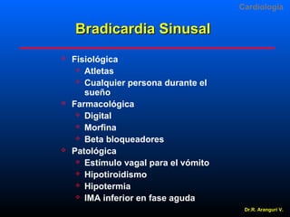 Cardiologia

Bradicardia Sinusal






Fisiológica
 Atletas
 Cualquier persona durante el
sueño
Farmacológica
 Digital
 Morfina
 Beta bloqueadores
Patológica
 Estímulo vagal para el vómito
 Hipotiroidismo
 Hipotermia
 IMA inferior en fase aguda
Dr.R. Arangurí V.

 