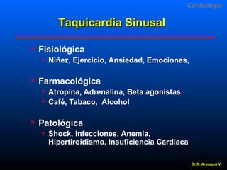 Cardiologia

Taquicardia Sinusal


Fisiológica




Farmacológica





Niñez, Ejercicio, Ansiedad, Emociones,

Atropina, Adrenalina, Beta agonistas
Café, Tabaco, Alcohol

Patológica


Shock, Infecciones, Anemia,
Hipertiroidismo, Insuficiencia Cardiaca
Dr.R. Arangurí V.

 