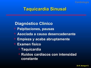 Cardiologia

Taquicardia Sinusal
Diagnóstico Clinico





Palpitaciones, pausas
Asociada a causa desencadenante
Empieza y acaba abruptamente
Examen físico
 Taquicardia
 Ruidos cardiacos con intensidad
constante
Dr.R. Arangurí V.

 