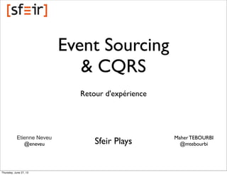 Event Sourcing
& CQRS
Retour d'expérience

Etienne Neveu
@eneveu

Thursday, June 27, 13

Sfeir Plays

Maher TEBOURBI
@mtebourbi

 