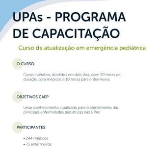 UPAs - PROGRAMA
DE CAPACITAÇÃO
O curso
Objetivos CAEP
Participantes
Curso de atualização em emergência pediátrica
Curso interativo, divididos em dois dias, com 20 horas de
duração para médicos e 10 horas para enfermeiros
Levar conhecimento atualizado para o atendimento das
principais enfermidades pediátricas nas UPAs
• 244 médicos
• 75 enfermeiros
 