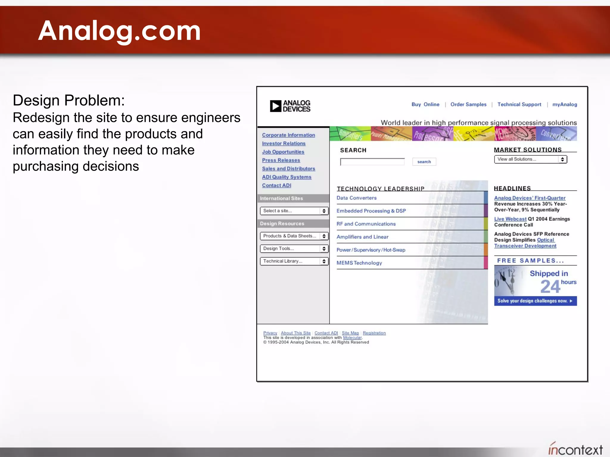 Analog.com Design Problem:   Redesign the site to ensure engineers can easily find the products and information they need to make purchasing decisions 