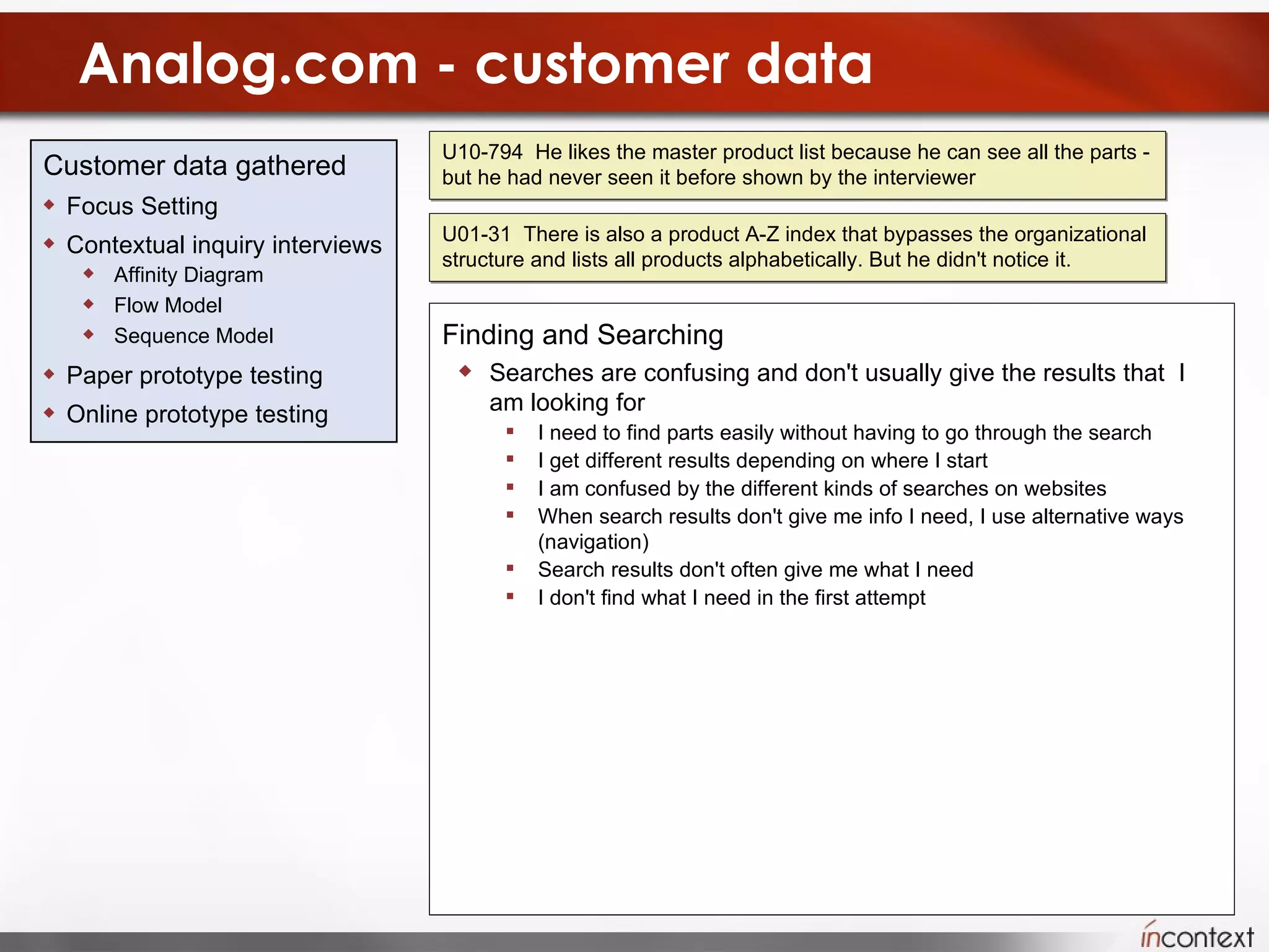 Analog.com - customer data Customer data gathered Focus Setting Contextual inquiry interviews Affinity Diagram Flow Model Sequence Model Paper prototype testing Online prototype testing Site structure and organization I don't know everything that is on the site I didn't know about the product lists that show all products Now that I know its here, I will use the site more I didn't know about design resources I don't know where you put the information It’s not clear to me where I should look for the information I need I don't know how or where to find a product If I don't see a  part in the selection guide, I assume it doesn't exist I don't know where to find application notes Categories need to make sense to the engineers Categorizing products by application doesn't work for me The product category tree reflects organizational structure, which doesn't help me I am using a product in a new or different way so its harder to find information The site structure gets in my way I can't find things in the collapsed menus I can't find things as information is nested too deeply I don't understand your terminology Finding and Searching Searches are confusing and don't usually give the results that  I am looking for I need to find parts easily without having to go through the search I get different results depending on where I start I am confused by the different kinds of searches on websites When search results don't give me info I need, I use alternative ways  (navigation) Search results don't often give me what I need I don't find what I need in the first attempt U01-31  There is also a product A-Z index that bypasses the organizational structure and lists all products alphabetically. But he didn't notice it. U10-794  He likes the master product list because he can see all the parts - but he had never seen it before shown by the interviewer 