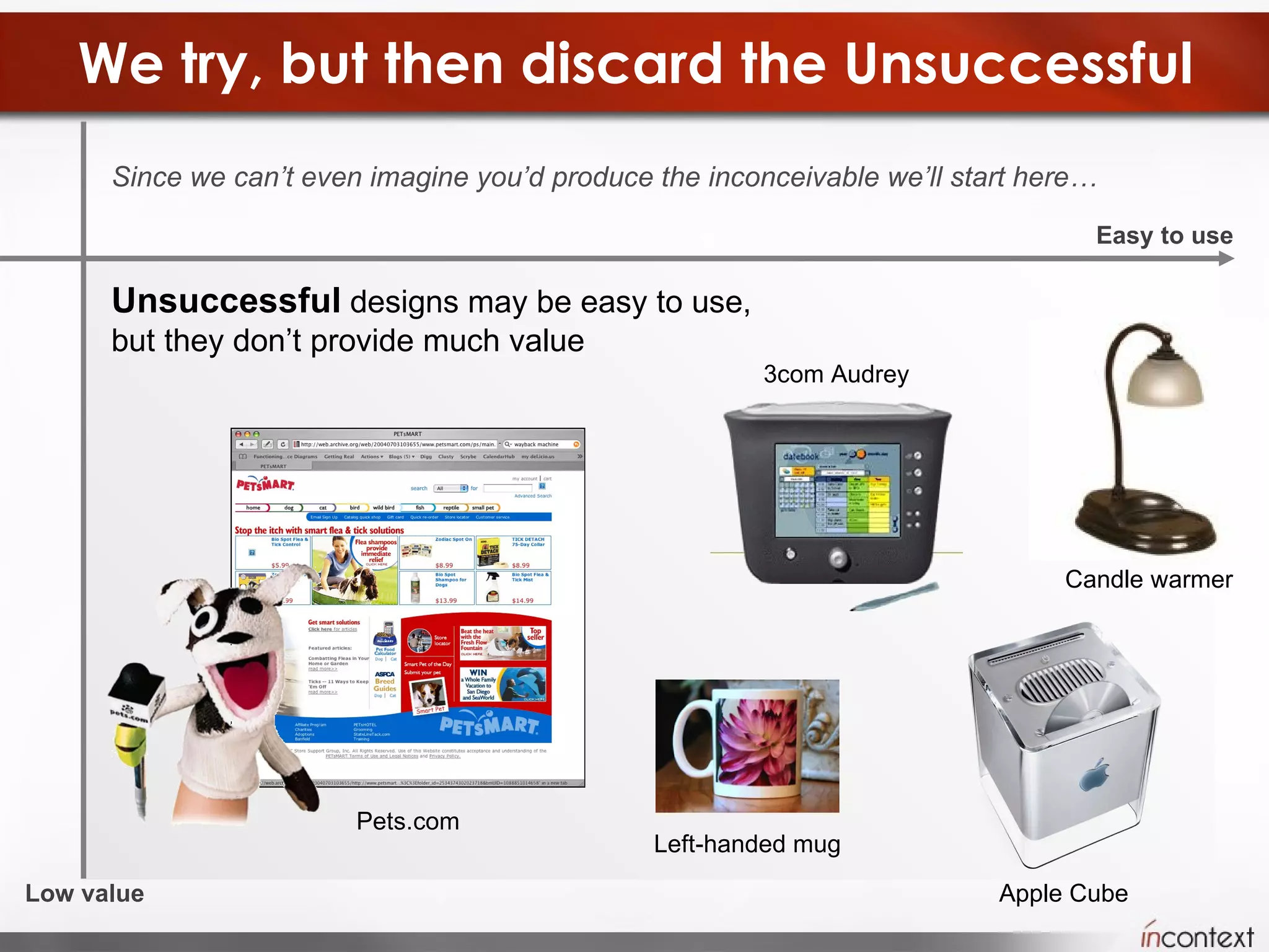 We try, but then discard the Unsuccessful Unsuccessful  designs may be easy to use, but they don’t provide much value Easy to use Low value Since we can’t even imagine you’d produce the inconceivable we’ll start here… 3com Audrey Pets.com Candle warmer Left-handed mug Apple Cube 