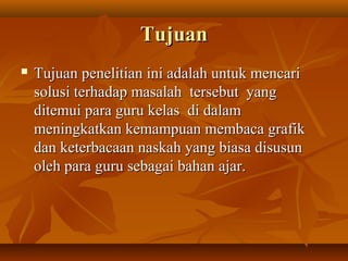 TTuujjuuaann 
 TTuujjuuaann ppeenneelliittiiaann iinnii aaddaallaahh uunnttuukk mmeennccaarrii 
ssoolluussii tteerrhhaaddaapp mmaassaallaahh tteerrsseebbuutt yyaanngg 
ddiitteemmuuii ppaarraa gguurruu kkeellaass ddii ddaallaamm 
mmeenniinnggkkaattkkaann kkeemmaammppuuaann mmeemmbbaaccaa ggrraaffiikk 
ddaann kkeetteerrbbaaccaaaann nnaasskkaahh yyaanngg bbiiaassaa ddiissuussuunn 
oolleehh ppaarraa gguurruu sseebbaaggaaii bbaahhaann aajjaarr.. 
 