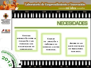 S e ncilla
inte racción e ntre la          C alid ad
   p ob lación y las       d e ate nción y
    p e rs onas con         p rés tam o d e       Ah orro d e u n
  d is cap acid ad d e   s e rvicios a e s tas   gas to e m p le ad o
     s ord om u d e z.        p e rs onas .      e n trad u ctore s
                                                    h u m anos .
 