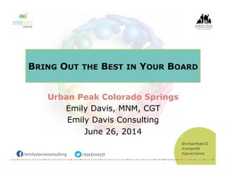/emilydavisconsulting /AskEmilyD
@UrbanPeakCS
#nonprofit
#governance
BRING OUT THE BEST IN YOUR BOARD
Urban Peak Colorado Springs
Emily Davis, MNM, CGT
Emily Davis Consulting
June 26, 2014
 