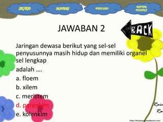SK/KD

MATERI

EVALUASI

DAFTAR
PUSTAKA

JAWABAN 2
Jaringan dewasa berikut yang sel-sel
penyusunnya masih hidup dan memiliki organel
sel lengkap
adalah ….
a. floem
b. xilem
c. meristem
d. parenkim
e. kolenkim

 