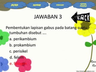 SK/KD

MATERI

EVALUASI

DAFTAR
PUSTAKA

JAWABAN 3
Pembentukan lapisan gabus pada batang suatu
tumbuhan disebut ….
a. perikambium
b. prokambium
c. perisikel
d. felem
e. felogen

 