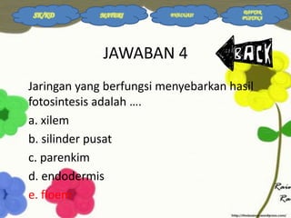 SK/KD

MATERI

EVALUASI

DAFTAR
PUSTAKA

JAWABAN 4
Jaringan yang berfungsi menyebarkan hasil
fotosintesis adalah ….
a. xilem
b. silinder pusat
c. parenkim
d. endodermis
e. floem

 