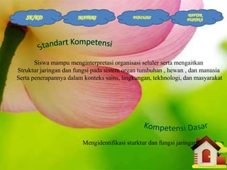 SK/KD

MATERI

EVALUASI

DAFTAR
PUSTAKA

Siswa mampu menginterpretasi organisasi seluler serta mengaitkan
Struktur jaringan dan fungsi pada sistem organ tumbuhan , hewan , dan manusia
Serta penerapannya dalam konteks sains, lingkungan, tekhnologi, dan masyarakat

Mengidentifikasi sturktur dan fungsi jaringan tumbuhan

 