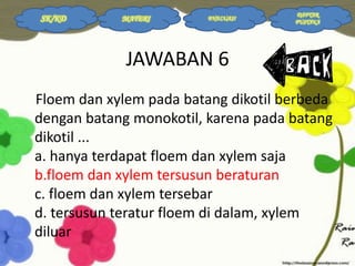 SK/KD

MATERI

EVALUASI

DAFTAR
PUSTAKA

JAWABAN 6
Floem dan xylem pada batang dikotil berbeda
dengan batang monokotil, karena pada batang
dikotil ...
a. hanya terdapat floem dan xylem saja
b.floem dan xylem tersusun beraturan
c. floem dan xylem tersebar
d. tersusun teratur floem di dalam, xylem
diluar

 
