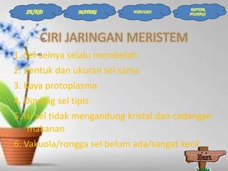 SK/KD

MATERI

EVALUASI

DAFTAR
PUSTAKA

CIRI JARINGAN MERISTEM
1. Sel-selnya selalu membelah
2. Bentuk dan ukuran sel sama
3. Kaya protoplasma
4. Dinding sel tipis
5. Isi sel tidak mengandung kristal dan cadangan
makanan
6. Vakuola/rongga sel belum ada/sangat kecil

 